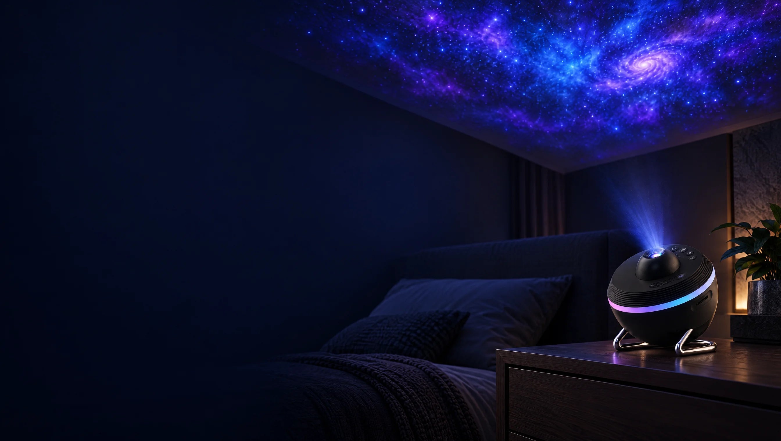 Wizualizacja sypialni z projektorem Kosmora Galaxy i kosmiczną projekcją na suficie